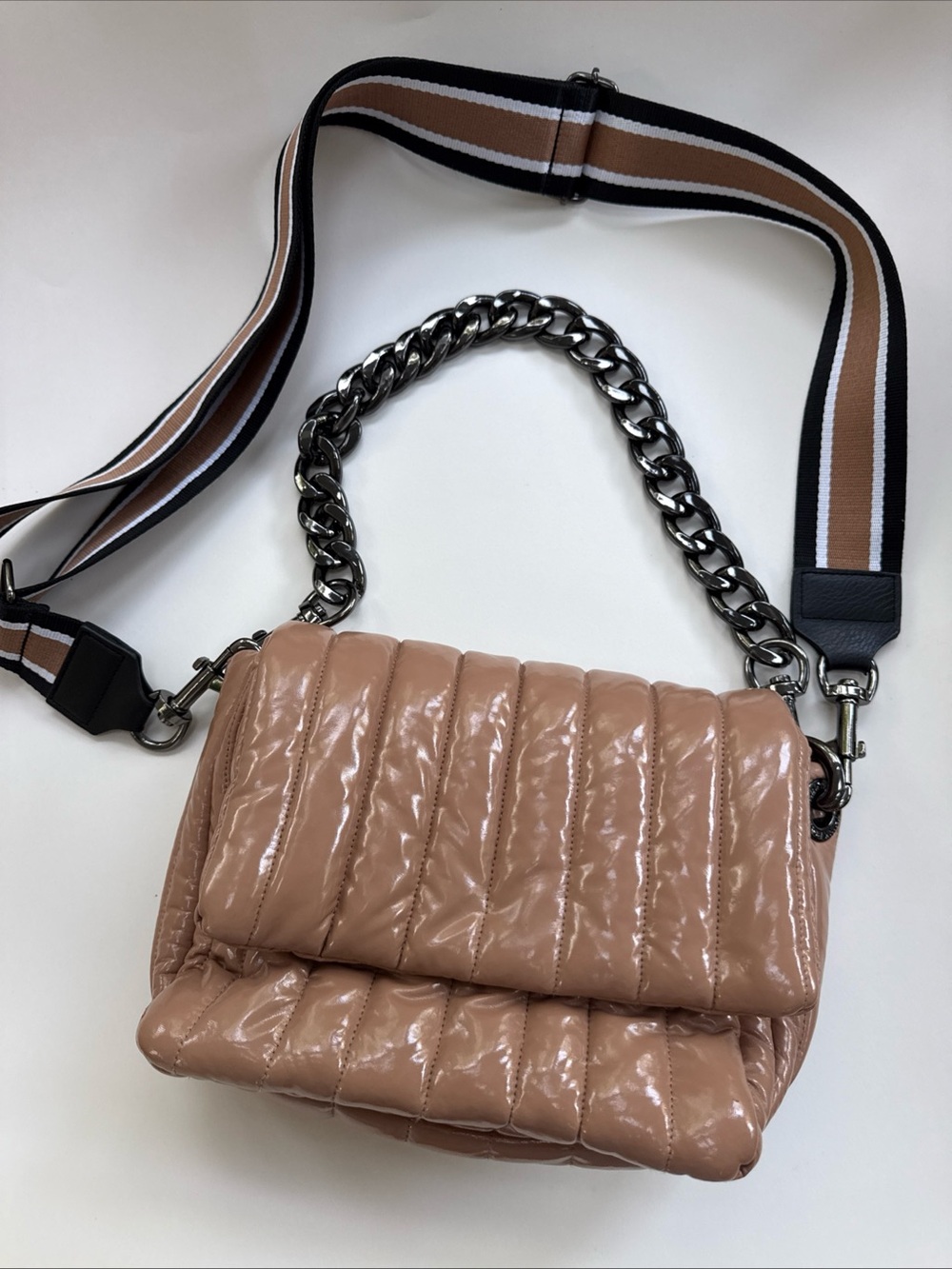 Think Royln Quilted Patent Crossbody Bag in Beige with Chain and Stripe Strap